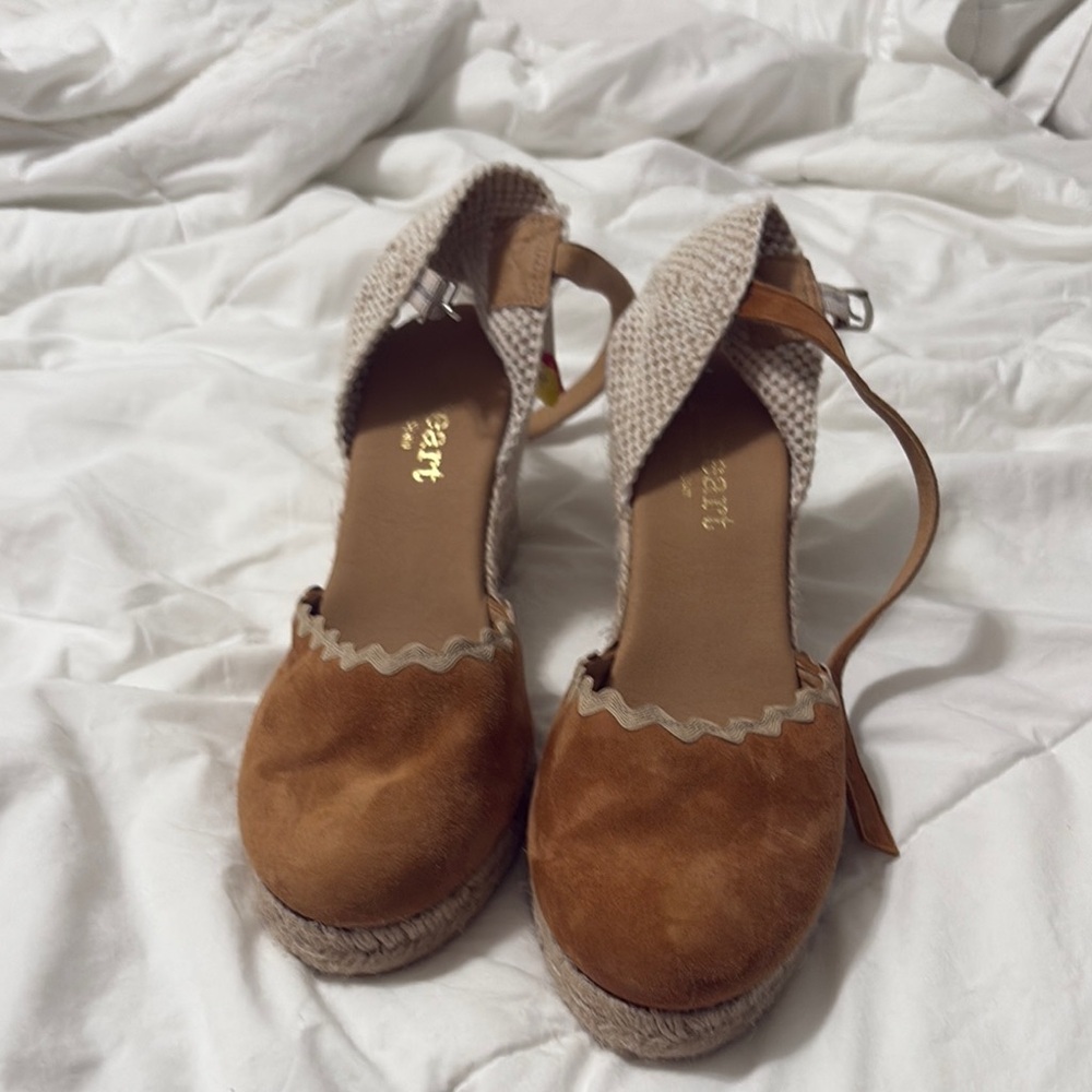 Cream and Brown Espadrille Wedge Shoes